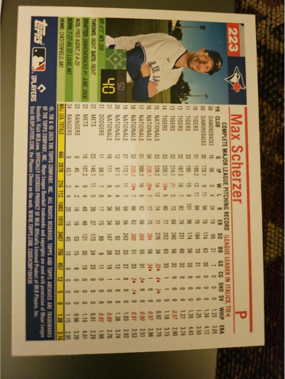 Max Scherzer - 2025 Topps Archives #223 - Blue Jays - RAW mint - Picture 2 of 2